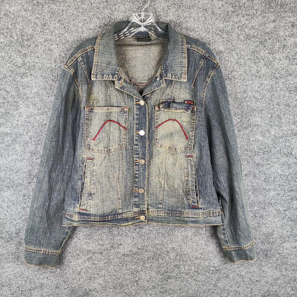 Mecca Femme Denim Jacket Womens 2X Blue Distressed Jean Trucker Button Front